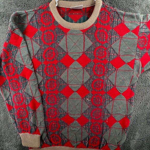COOGI Australia Authentic Men Knit Sweater Medium Cotton Red Blue Geometric - Picture 1 of 16